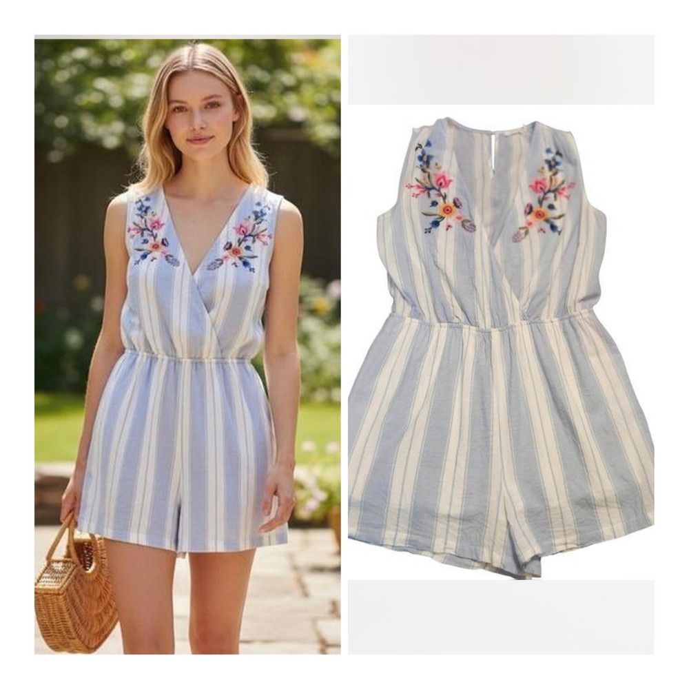 Fairy Boho Striped Embroidered Romper Cotton V-Neck Sleeveless Lined Euro Size L